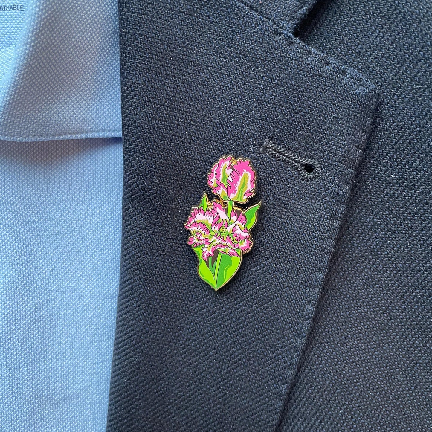 Floral Enamel Pin, Frilly Parrot Tulip, Pink Green (1.75in), Christmas gift, stocking stuffer, Advent calendar