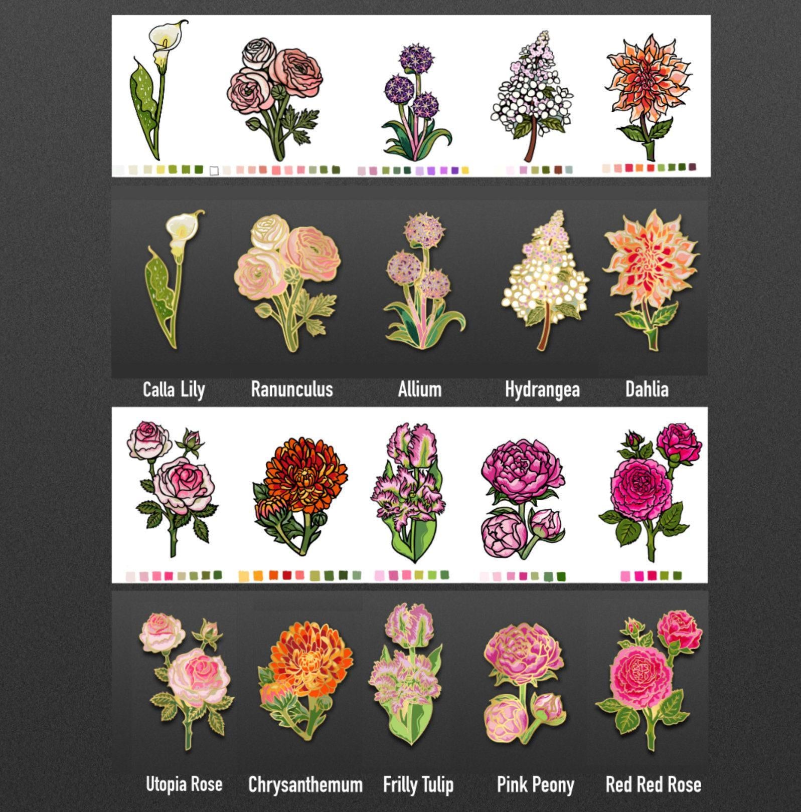 a collection of illustrations of various flowers, including roses, lilies, hydrangeas, dahlias, and peonies, each with different colors and styles.