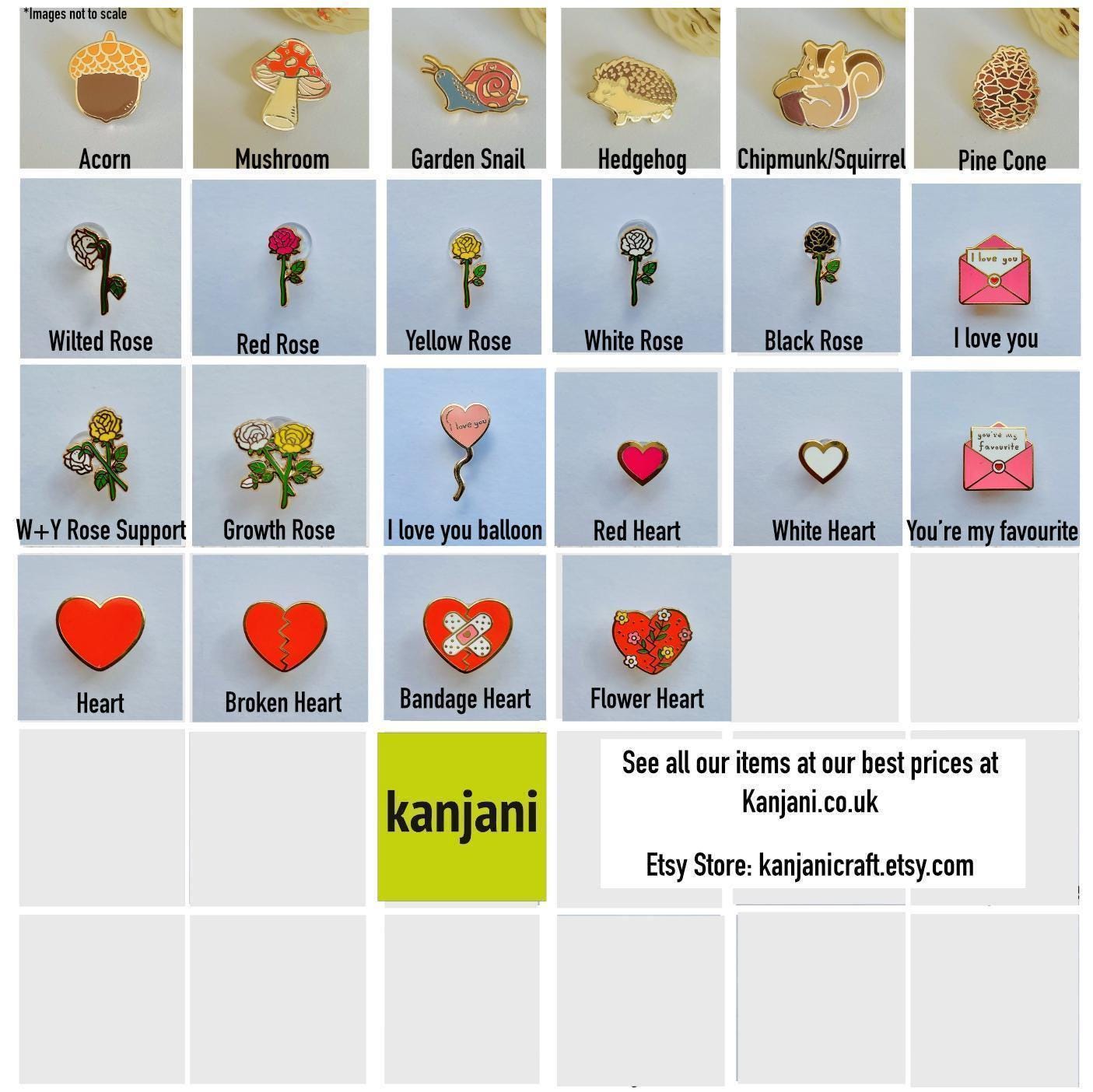 a collection of various pin designs, including acorns, mushrooms, garden snails, hedgehogs, chipmunk/squirrels, pine cones, withered roses, red roses, yellow roses, white roses, black roses, and a heart. The pin designs are diverse and include elements like flowers, hearts, and other decorative motifs.