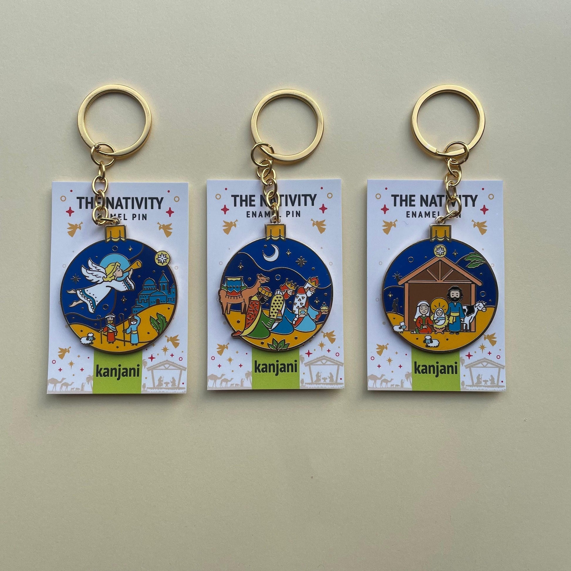Nativity Christmas bauble keychain and magnetic enamel pin