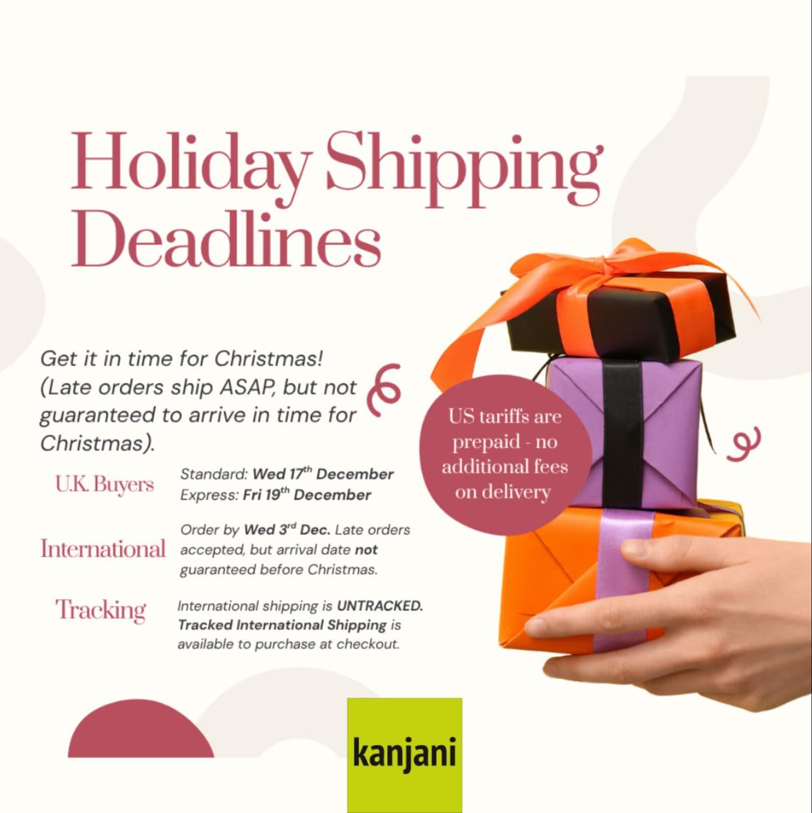 The image is an advertisement for holiday shipping deadlines, featuring a hand holding a stack of colorful gift boxes with a text overlay providing details about shipping options and fees.