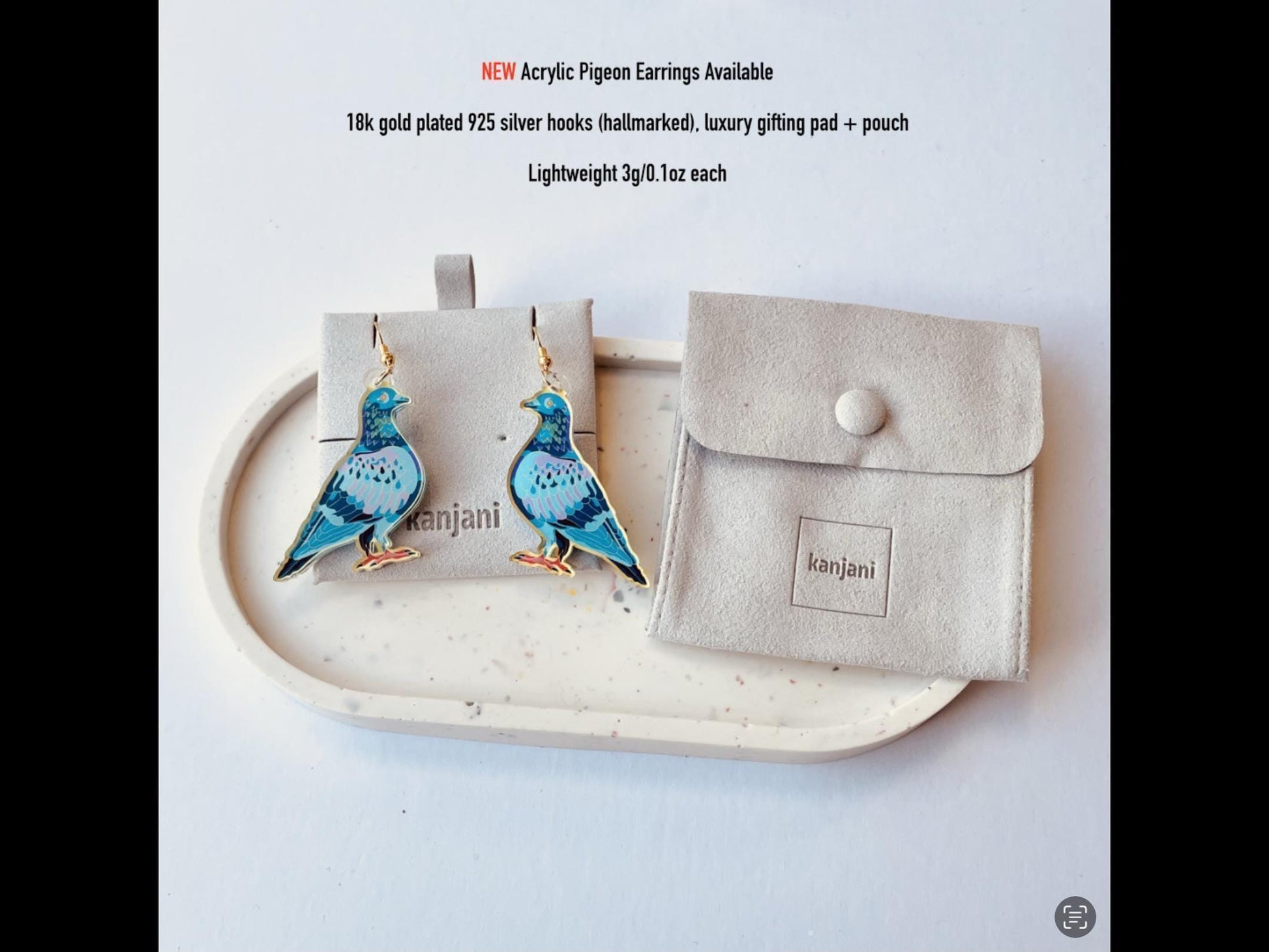 Pigeon acrylic earrings with luxury gift pouch