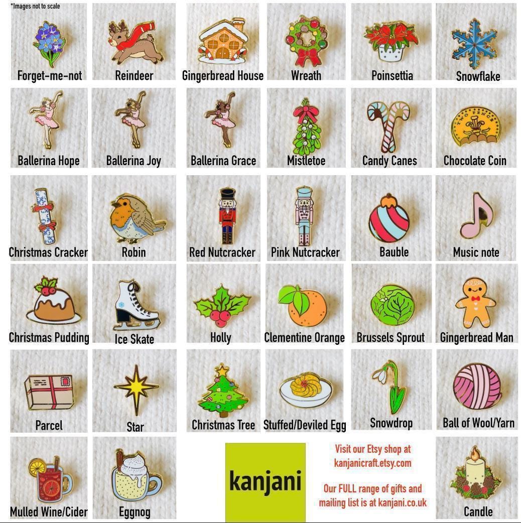 6 Enamel Pin Set Gift Box: Christmas gift, stocking stuffer, Advent calendar