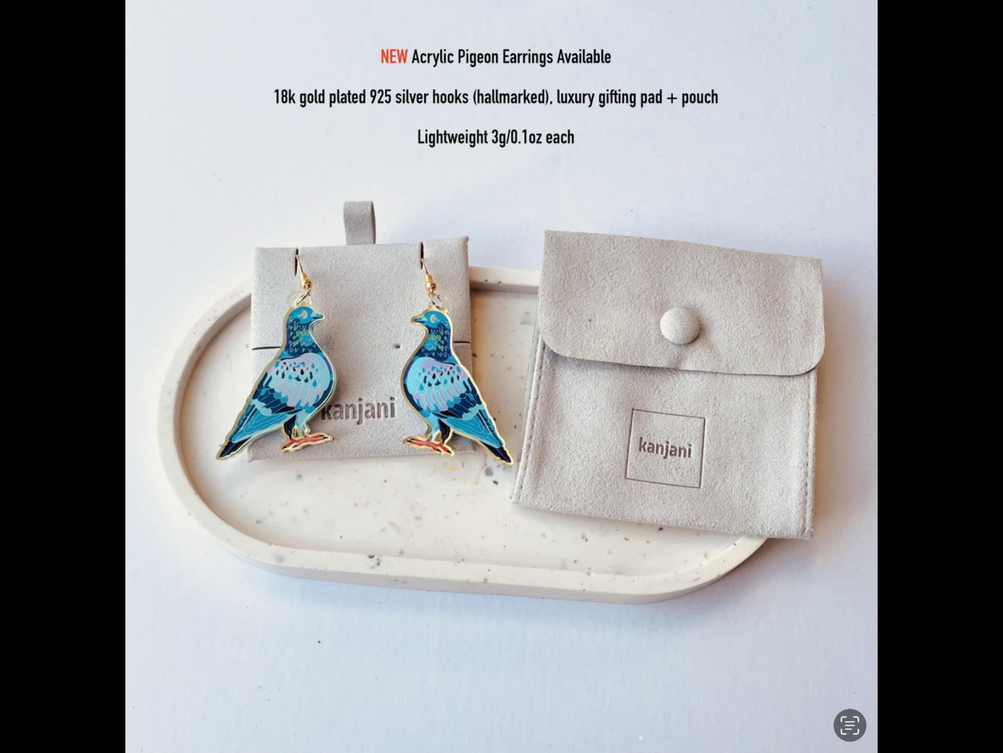 Pigeon acrylic earrings with luxury gift pouch