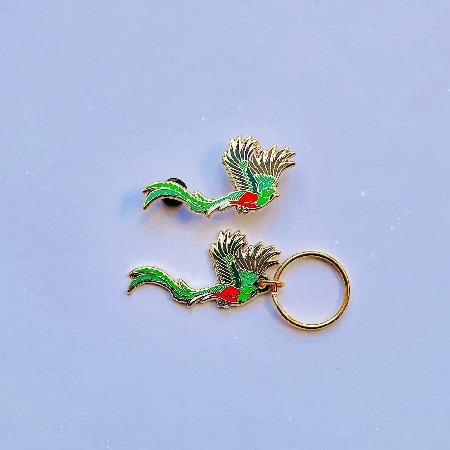 Quetzal keychain and lapel pin in gold hard enamel