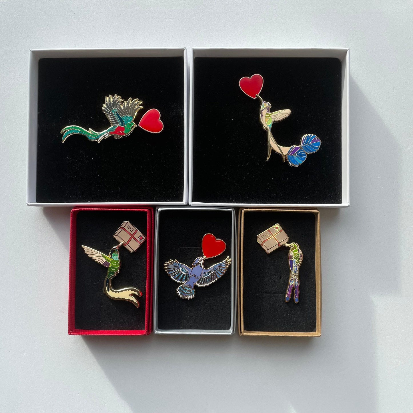 Bird Enamel Pin Set | Valentines Love Note, Quetzal Gift, Christmas stocking stuffer, Advent calendar