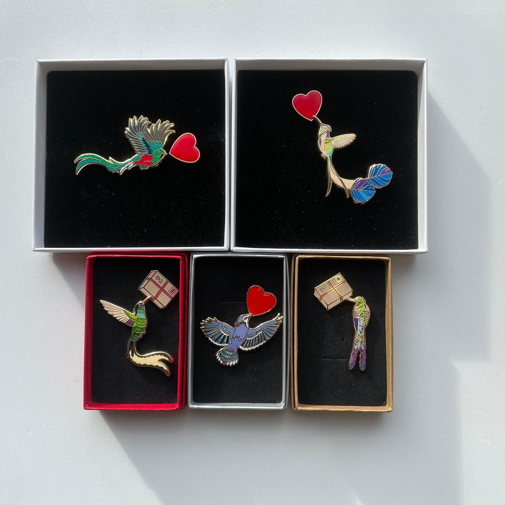 Bird Enamel Pin Set | Valentines Love Note, Quetzal Gift, Christmas stocking stuffer, Advent calendar