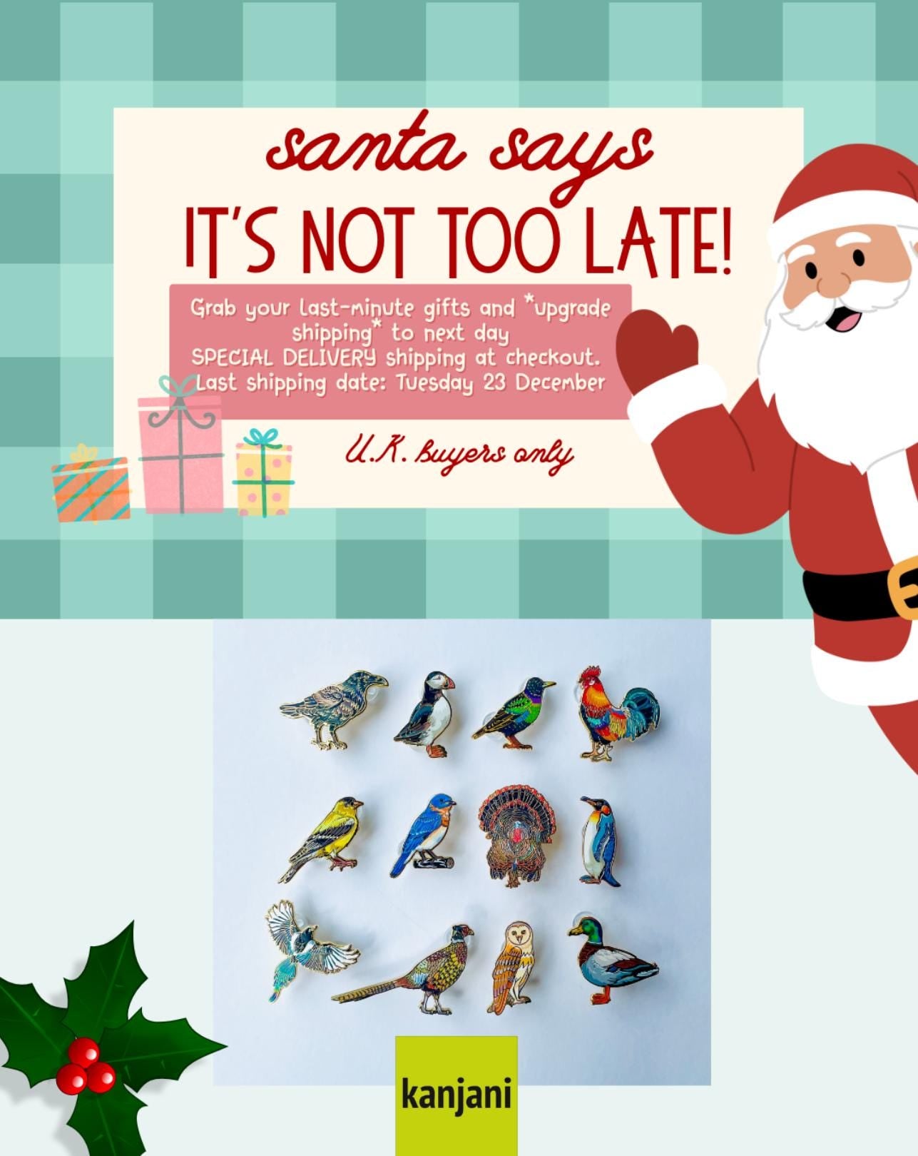 Santa Claus holding a sign that says "It's not too late!" and a list of items to be shipped, including a special delivery service.