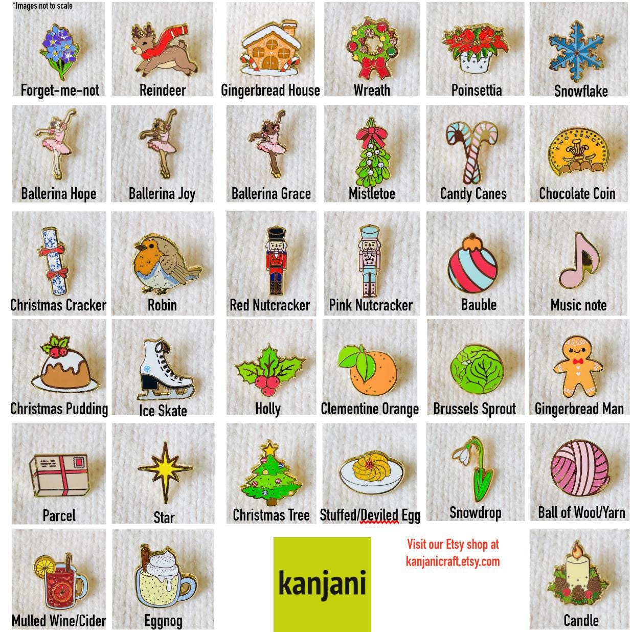 a collection of Christmas-themed pins and pinsets, including various holiday decorations and ornaments.