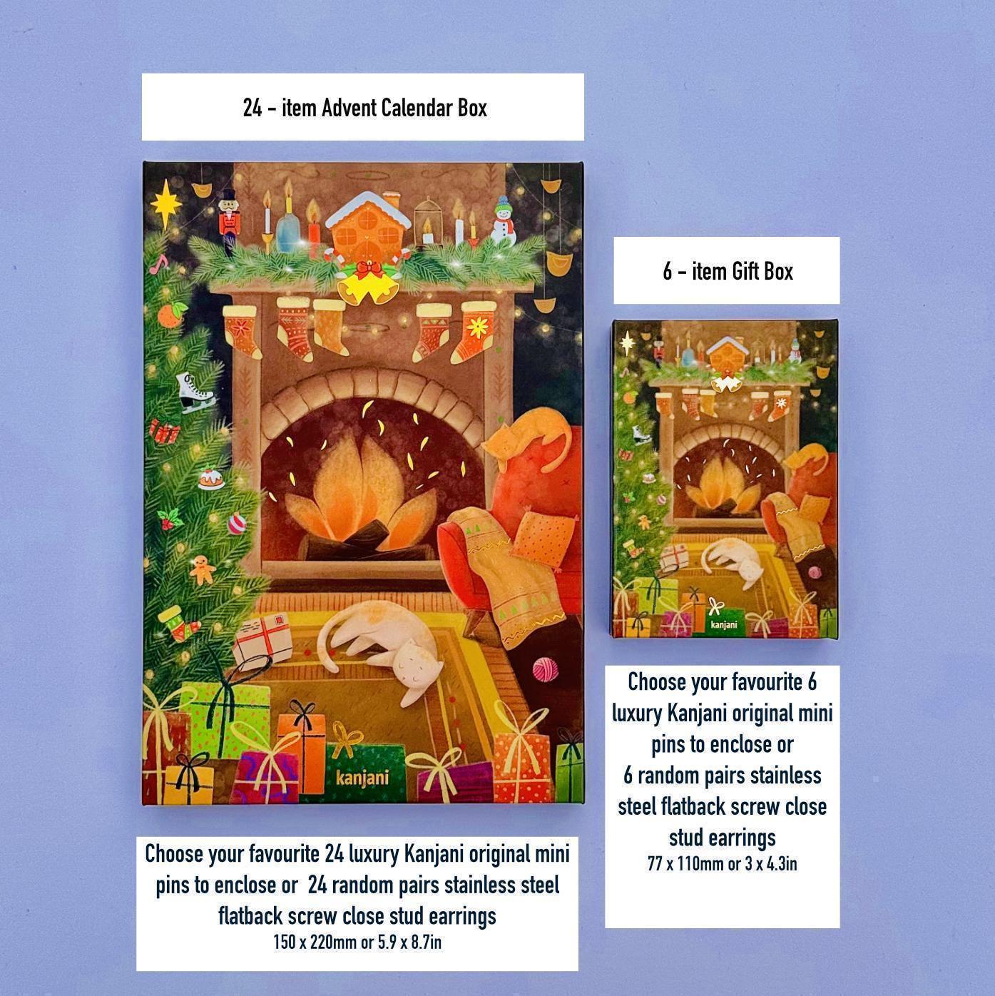 The image is a Christmas-themed advent calendar featuring a fireplace with a Santa Claus figure, presents, and other holiday decorations.