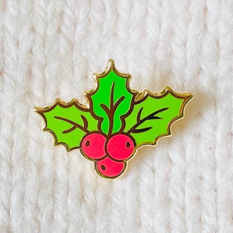 Green Holly leaves with red berries Christmas enamel pin badge