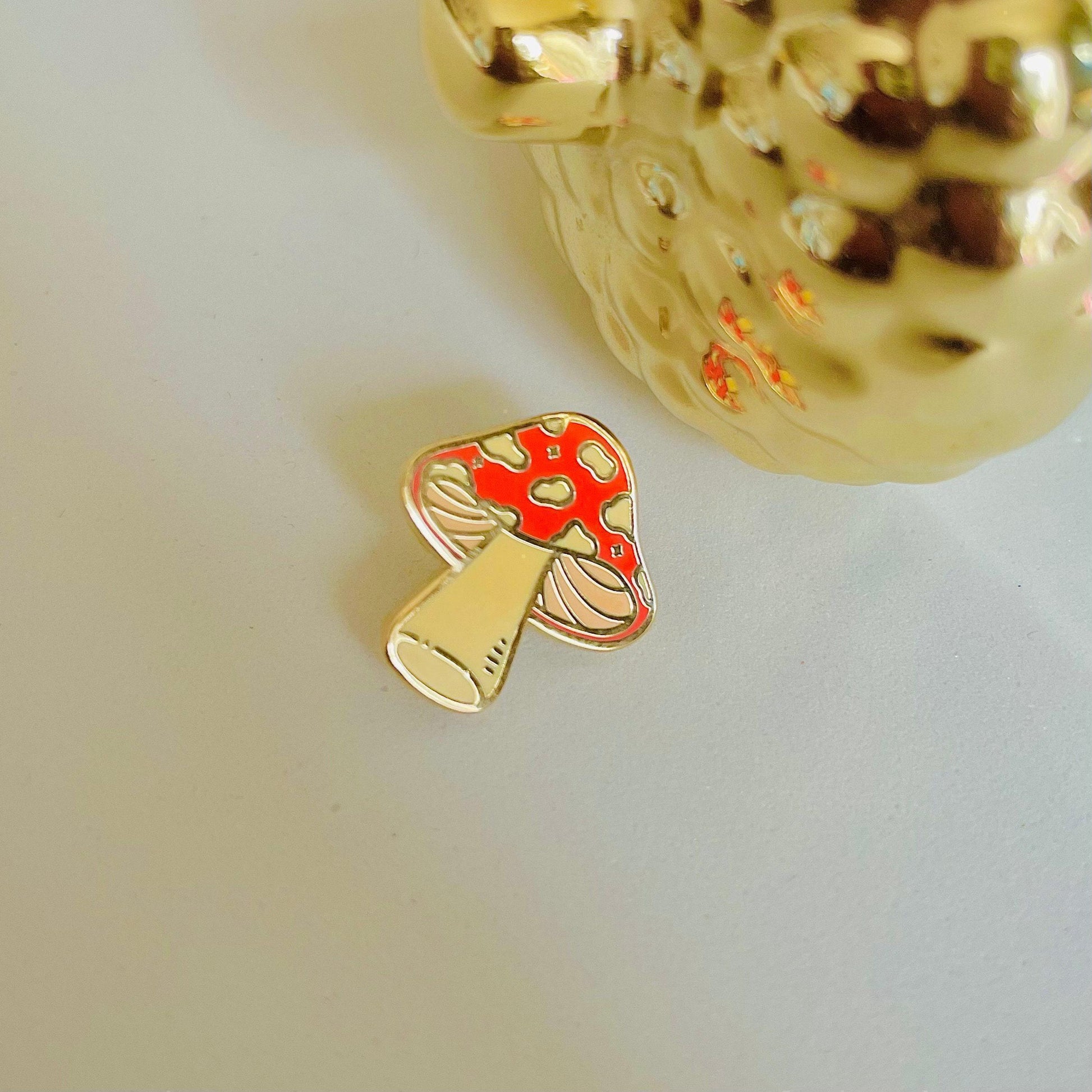 Red and white spotted mushroom fly agaric gold hard enamel mini pin