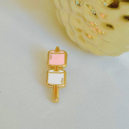 Pink and white roasting marshmallows on a brown stick gold hard enamel mini pin