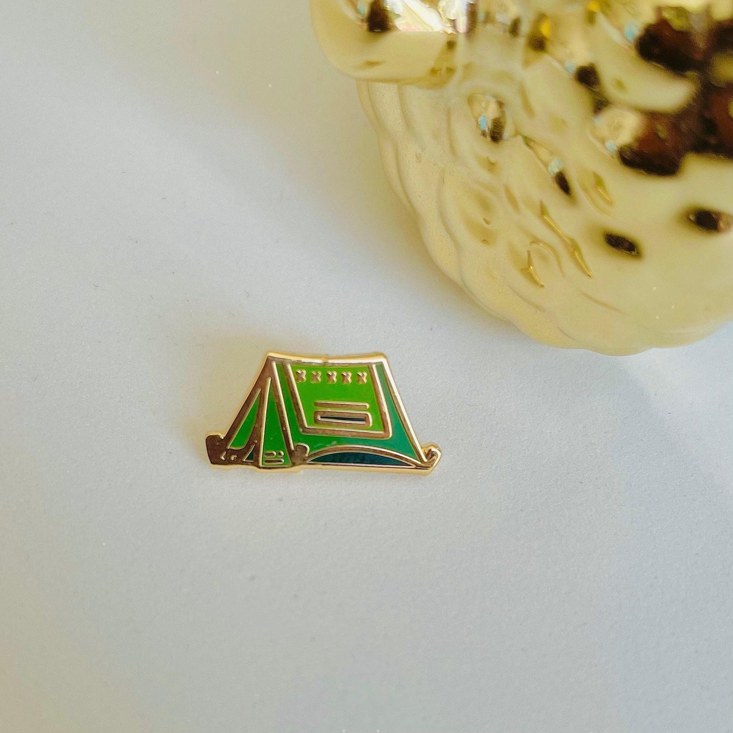 Green camping tent gold hard enamel mini pin