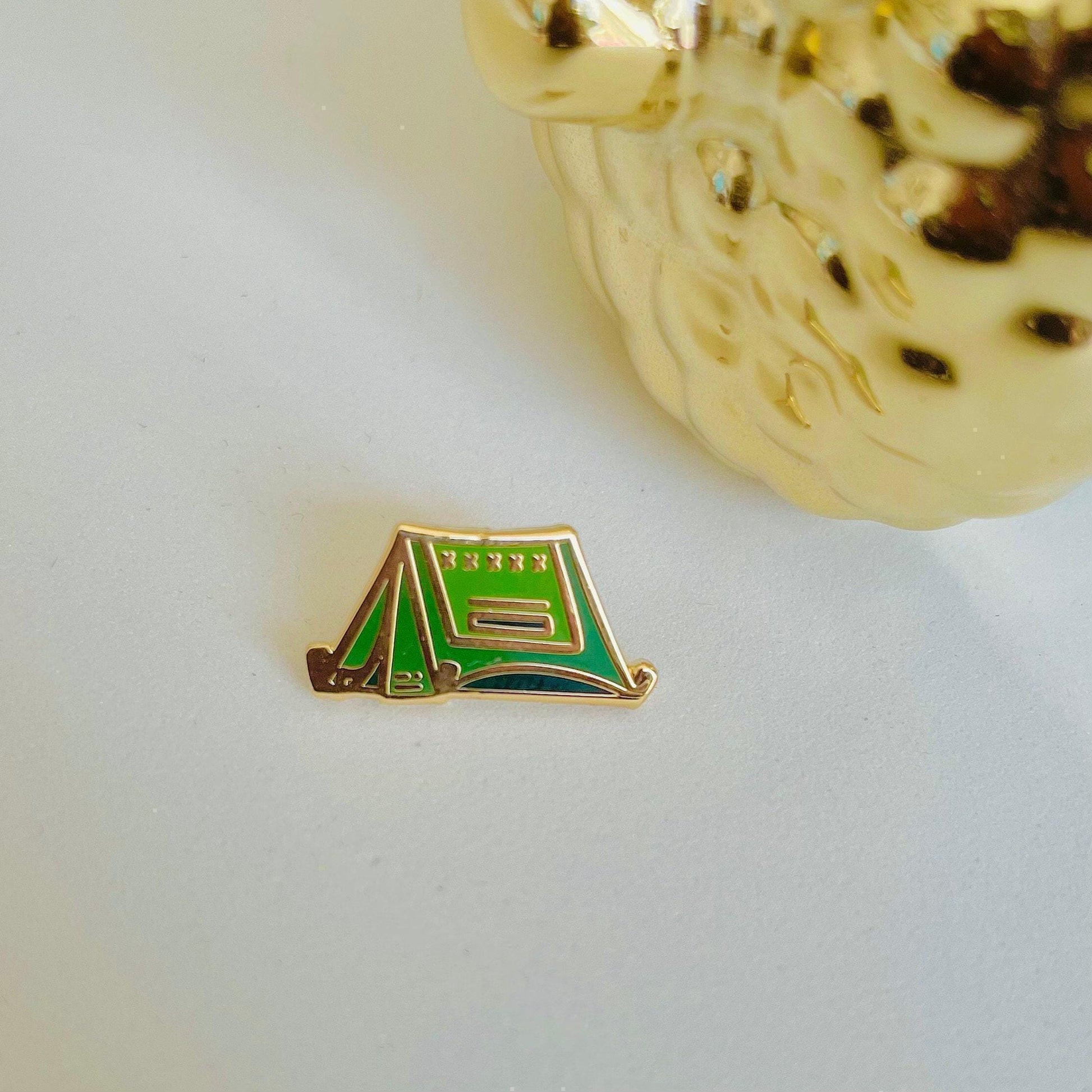 Green camping tent gold hard enamel mini pin