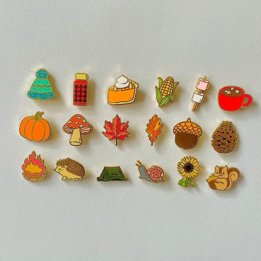 Autumn fall gold hard enamel mini pins maple leaf mushroom sunflower marshmallows hot chocolate pine cone acorn pumpkin tent garden snail campfire oak leaf tartan flask pumpkin pie corn cob Woolly hat