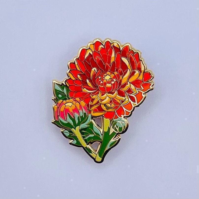 Orange yellow red chrysanthemum enamel pin
