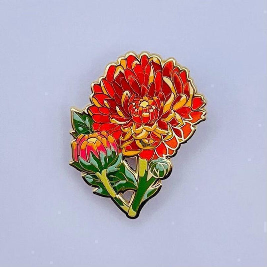Orange yellow red chrysanthemum enamel pin