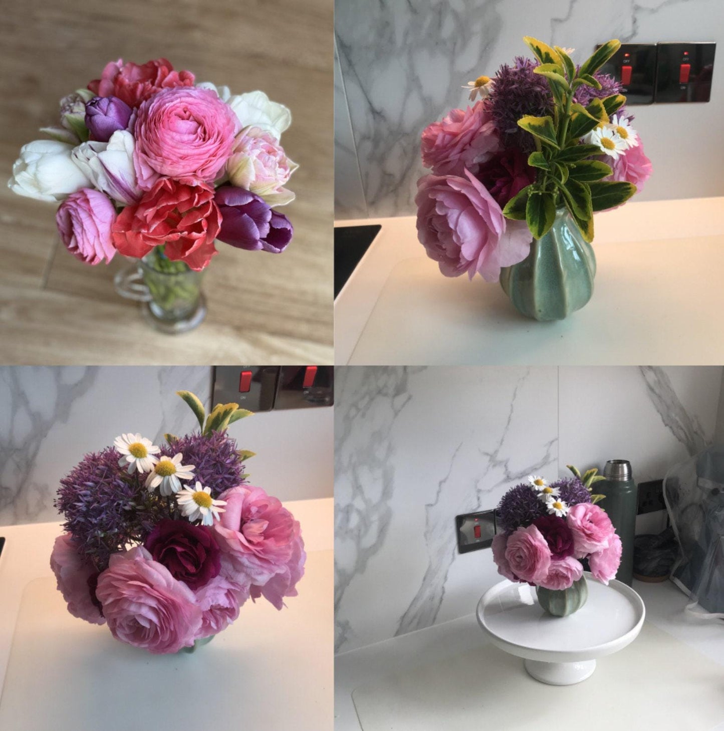 The image is a collage of four photos featuring various vases filled with colorful flowers, such as roses, peonies, and daisies, placed on a marble countertop.