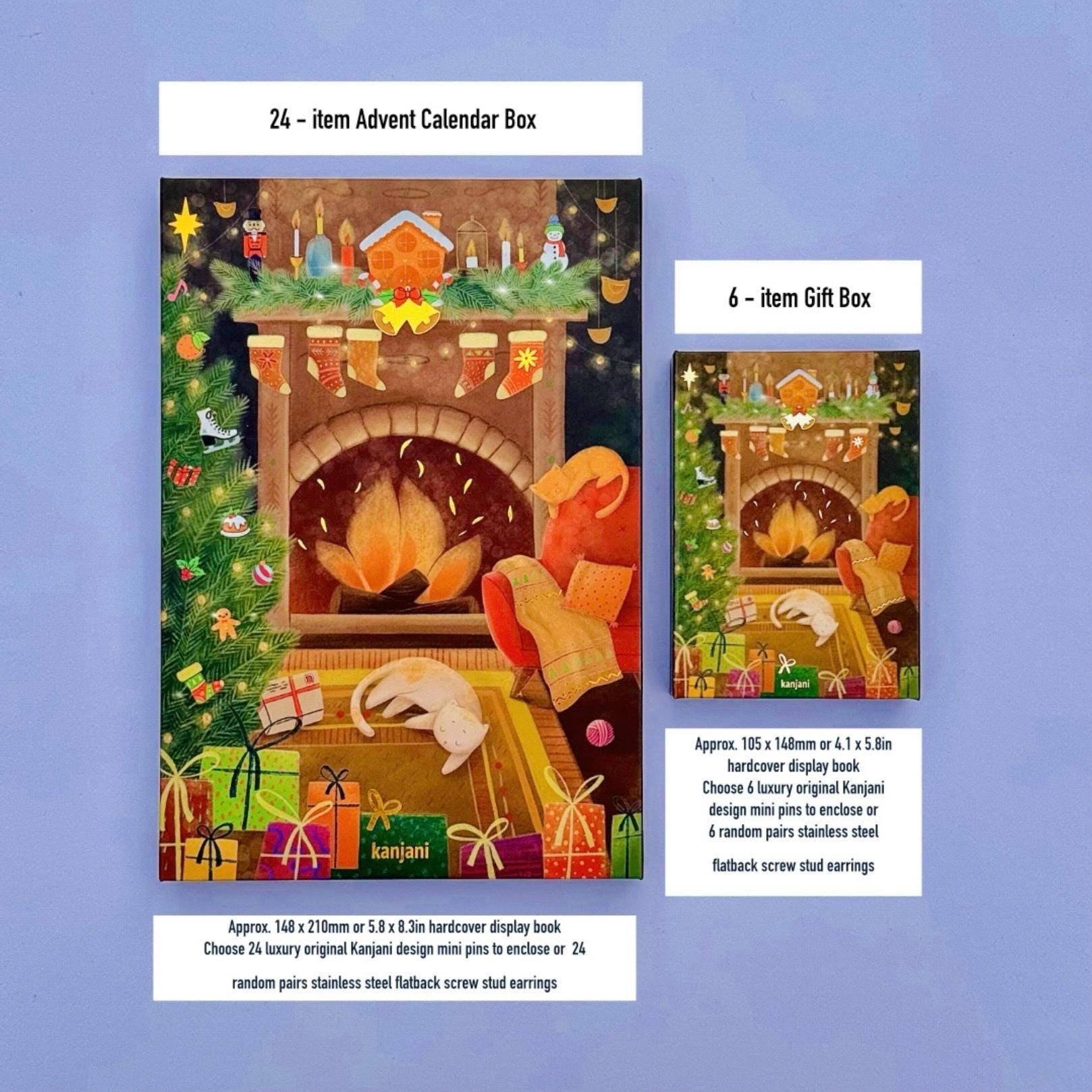 The image is a Christmas-themed advent calendar featuring a fireplace with presents and a Santa Claus figure.