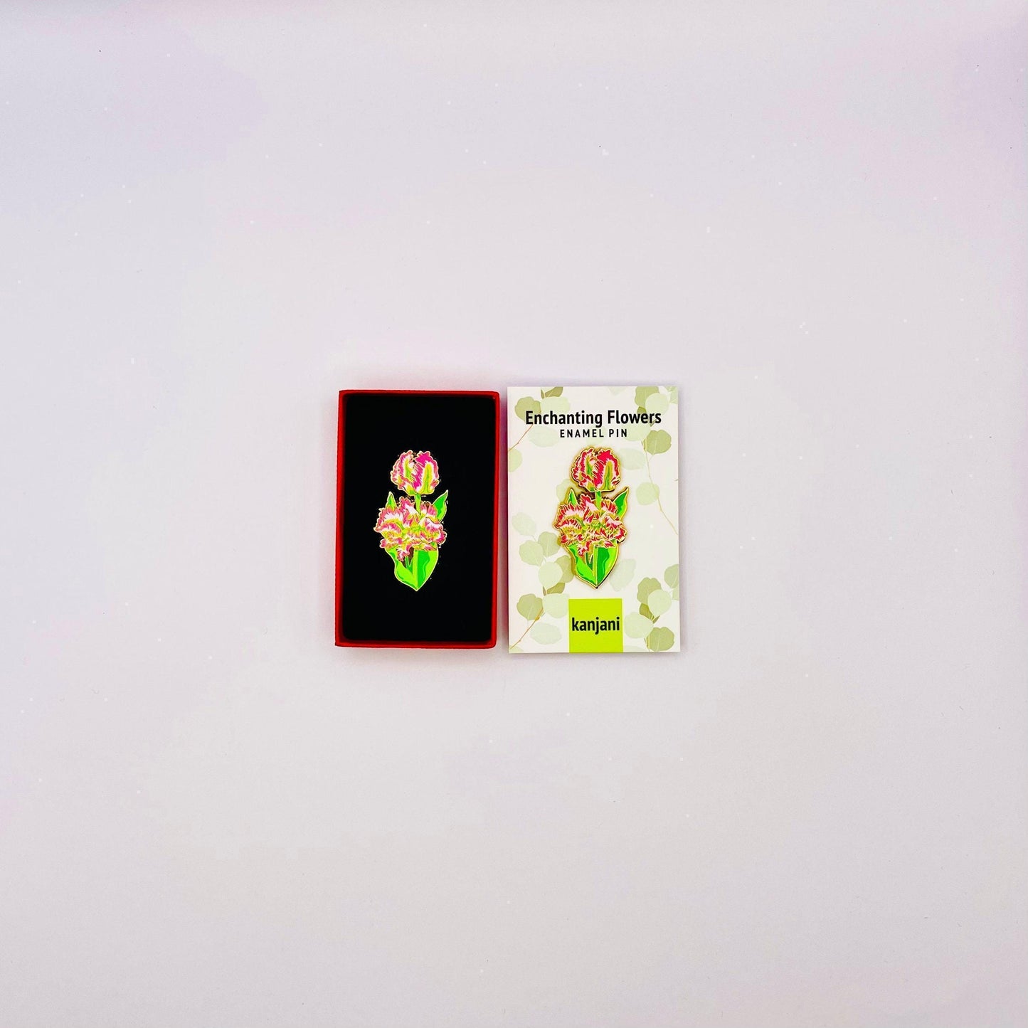 Floral Enamel Pin, Frilly Parrot Tulip, Pink Green (1.75in), Christmas gift, stocking stuffer, Advent calendar