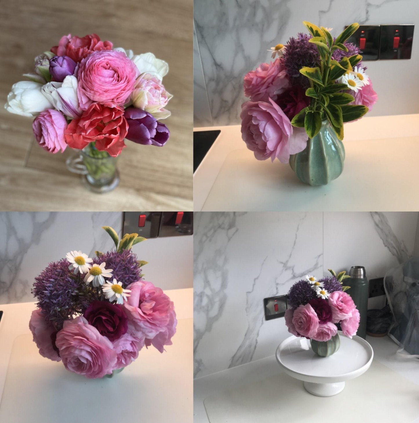 The image is a collage of four photos featuring various vases filled with colorful flowers, such as roses, peonies, and daisies, placed on a marble countertop.