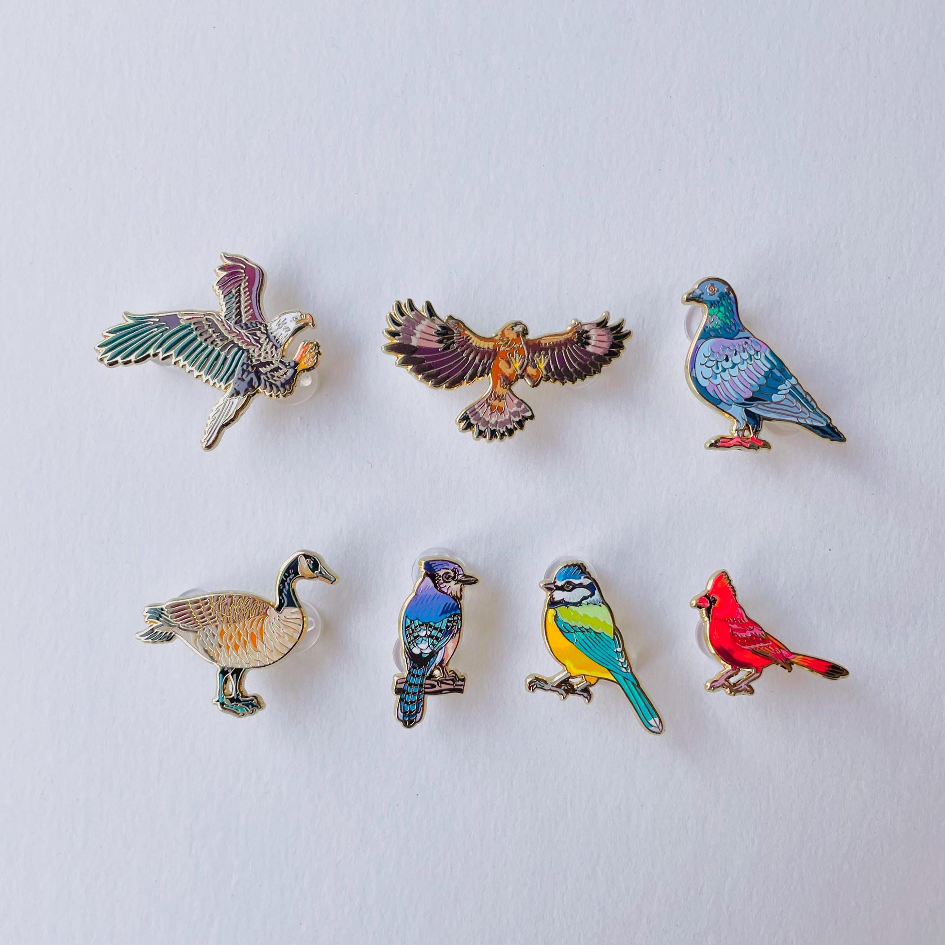 a collection of six bird pins, each with a unique design and color, arranged in a grid pattern on a white background.
