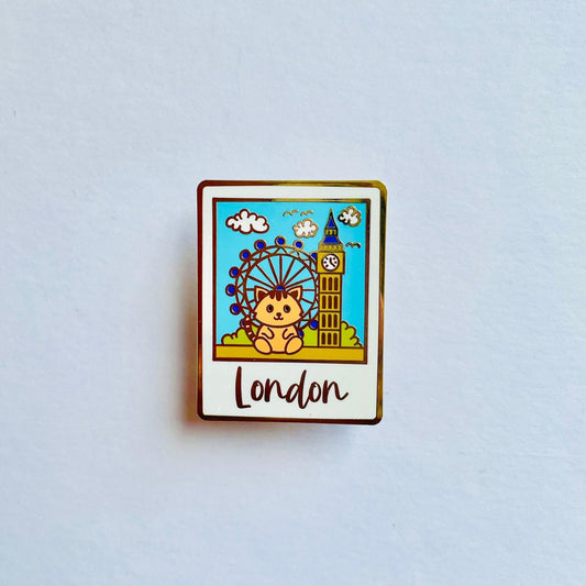 London Enamel Pin badge, Cat brooch, London skyline souvenir, Big Ben, London Eye