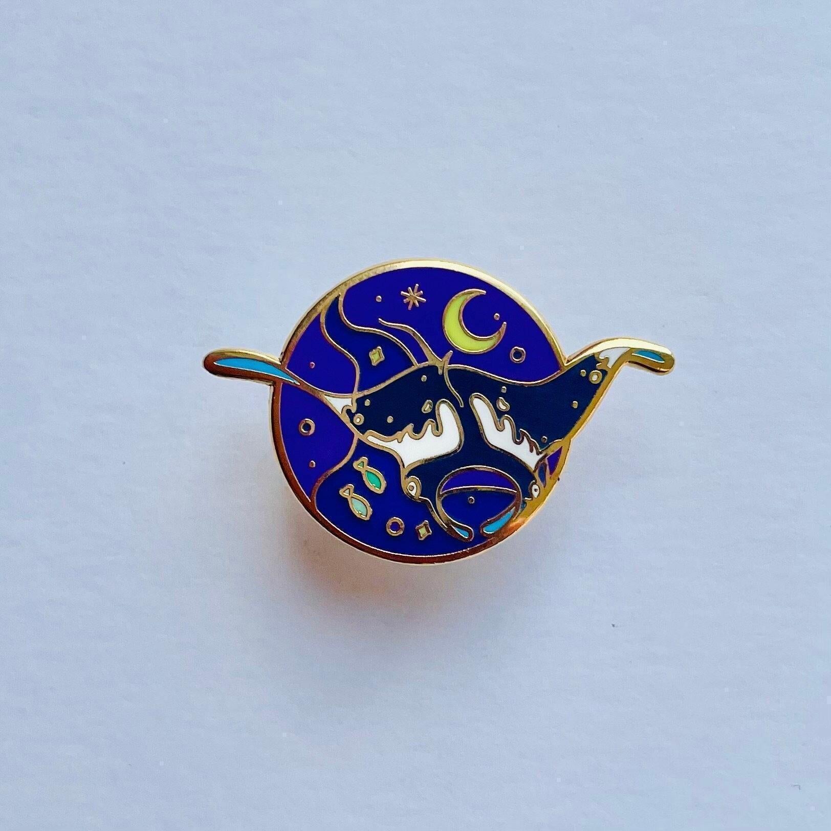 Manta Ray Enamel Pin, Sea Creatures Badge, Moon and Stars, Christmas stocking stuffer, Advent calendar