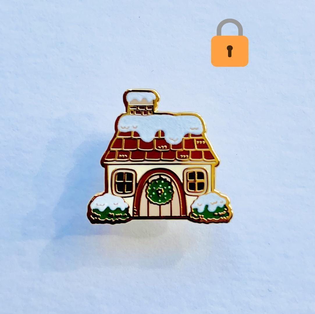 Snowy Cottage gold hard enamel lapel pin