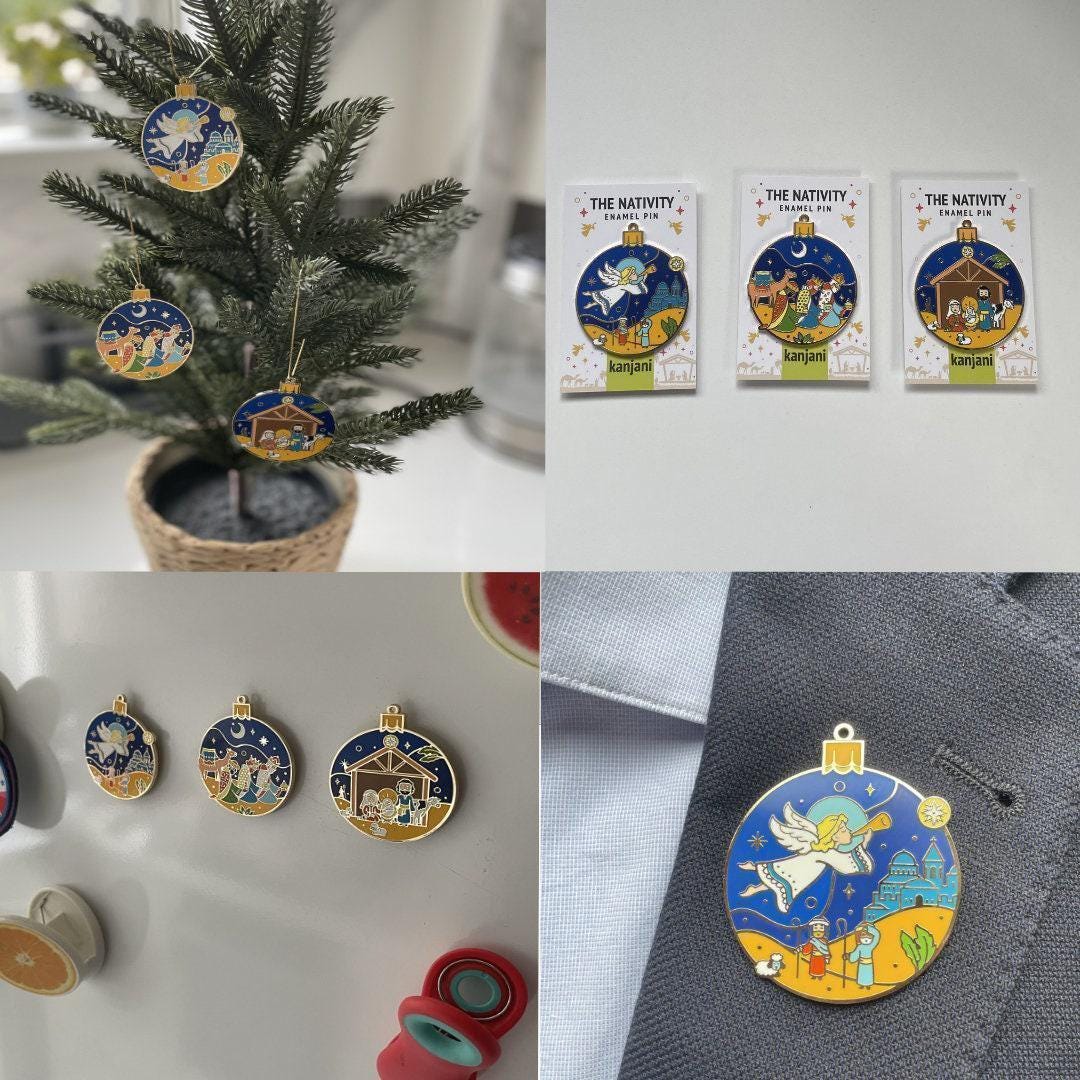 Nativity Keychain Ornament: Enamel Magnet with Mary, Joseph & Jesus, Christmas gift, stocking stuffer, Advent calendar