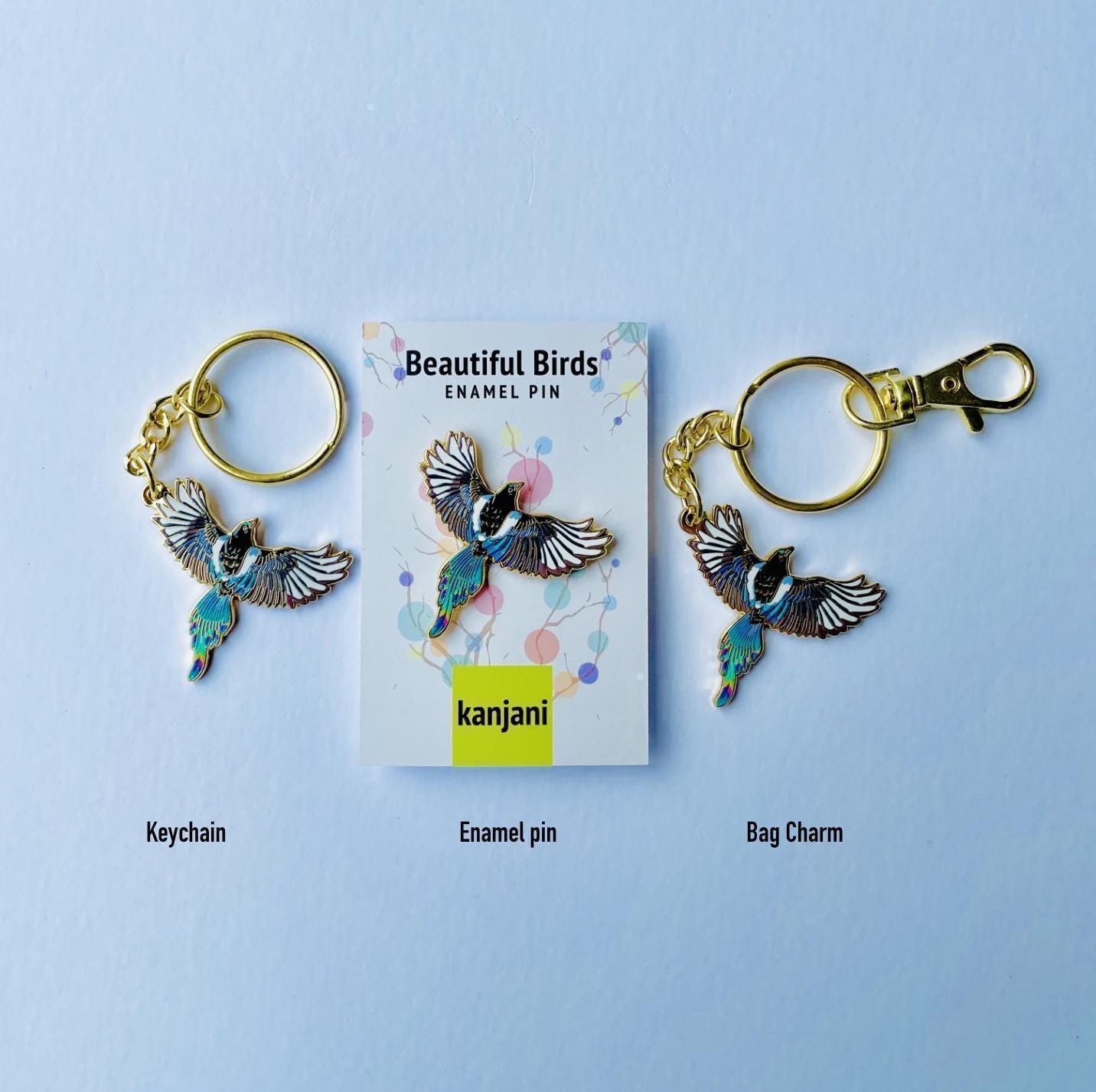 Gold Enamel Magpie Keychain, Bird Charm (1.5 inch, Durable), Christmas gift, stocking stuffer, Advent calendar