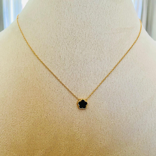 Minimalist Black agate 925 silver gold flower necklace