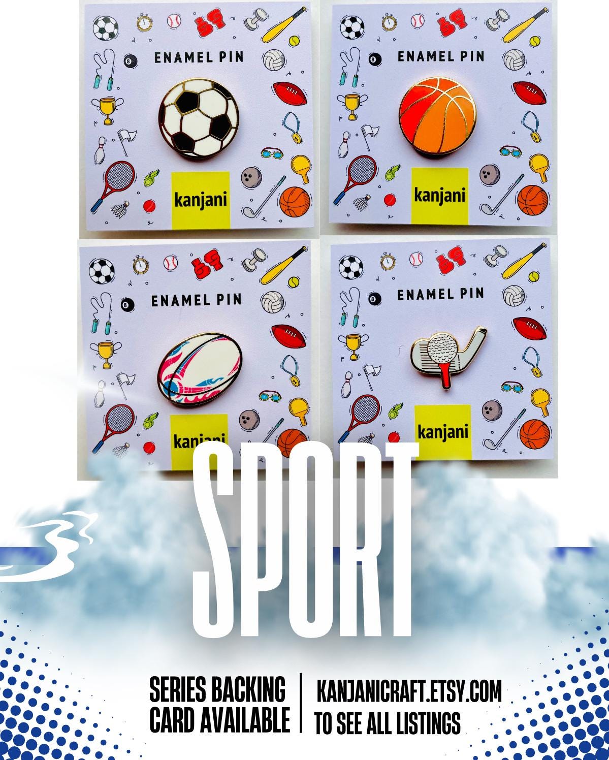 The image is an advertisement for a series of enamel pins featuring sports-themed designs, including a soccer ball, basketball, tennis racket, and baseball bat.