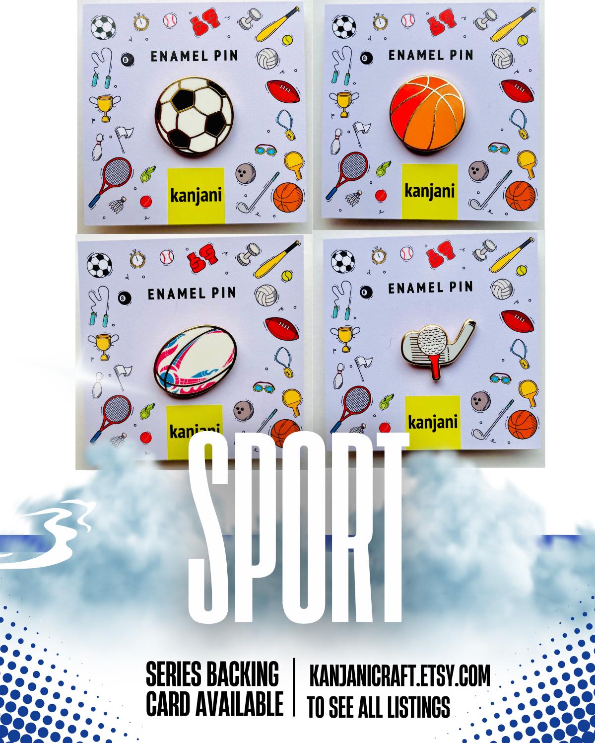 The image is an advertisement for a series of enamel pins featuring sports-themed designs, including a soccer ball, basketball, tennis racket, and baseball bat.