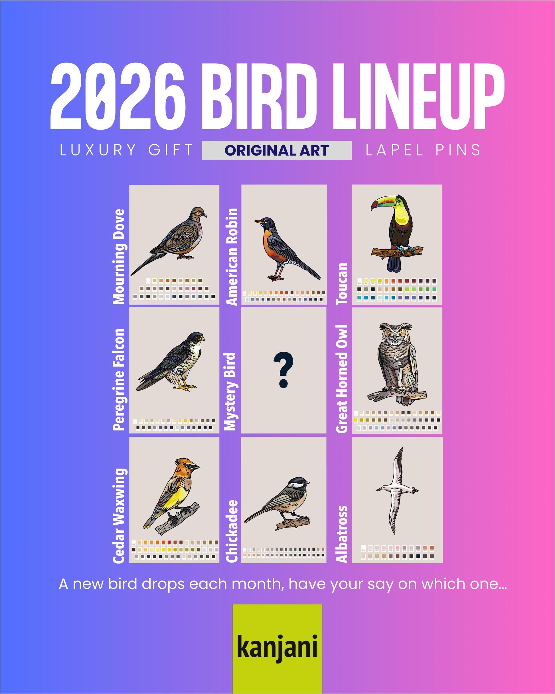 The image is a colorful poster featuring illustrations of various bird species, along with a question mark symbol, and text providing information about the "2026 Bird Lineup".