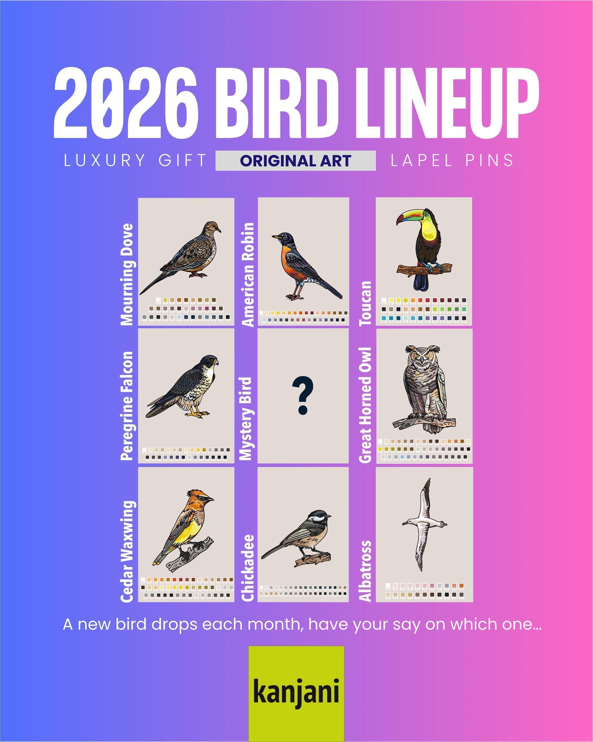 The image is a colorful poster featuring illustrations of various bird species, along with a question mark symbol, and text providing information about the "2026 Bird Lineup".