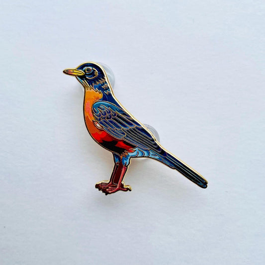 A colorful bird pin is shown against a plain white background.