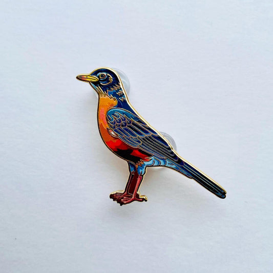 A colorful bird pin is shown against a plain white background.