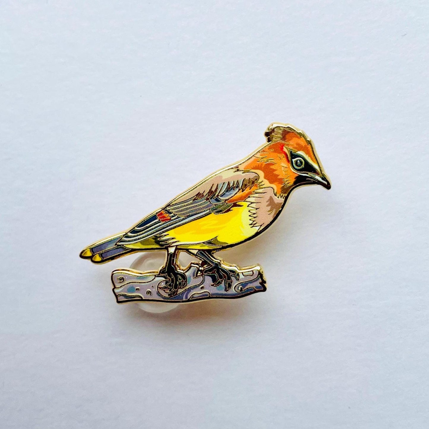Cedar waxwing colourful gold hard enamel lapel pin badge.