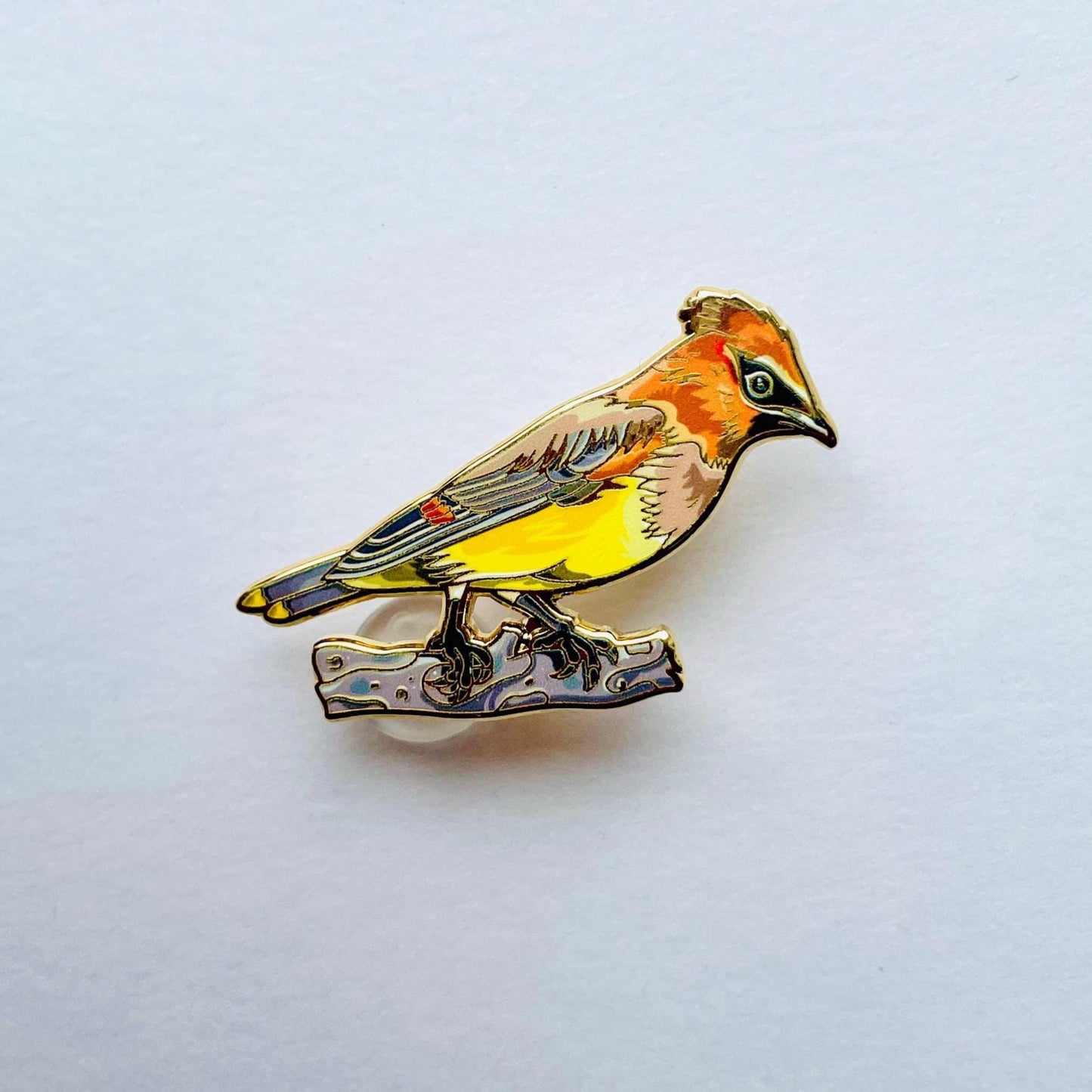 Cedar waxwing colourful gold hard enamel lapel pin badge.