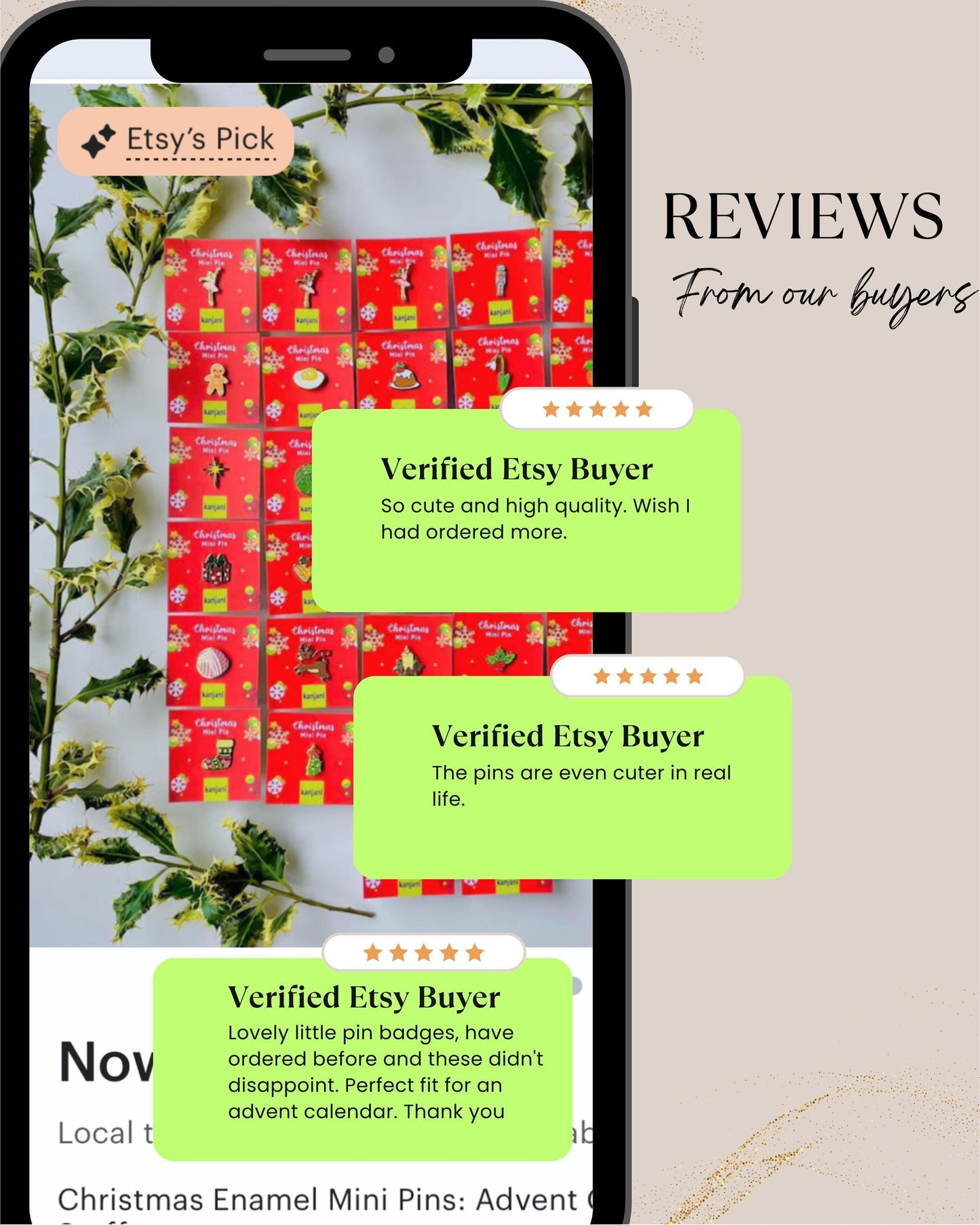 The image is a collage of three reviews from our buyers about the Etsy shop, specifically the Christmas Enamel Mini Pins. The reviews are about the quality of the pins and the satisfaction of the buyers.