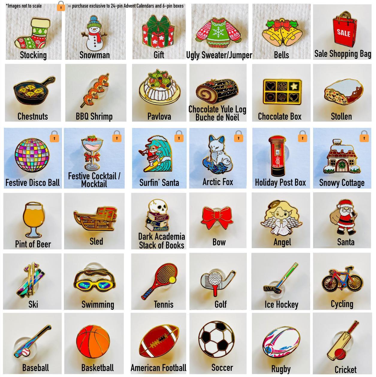 a collection of 24 different pin designs, each representing a unique theme or object. The pin designs include items such as stockings, a snowman, bells, a gift, a ugly sweater, a jumper, a Christmas box, a stolen item, a festive cocktail, a sled, a dark academy, a stack of books, a bow, an angel, a pint of beer, a sled, a pair of glasses, a tennis racket, a golf ball, an ice hockey stick, a bicycle, a baseball, a basketball, an American football, a soccer ball, and a rugby ball.