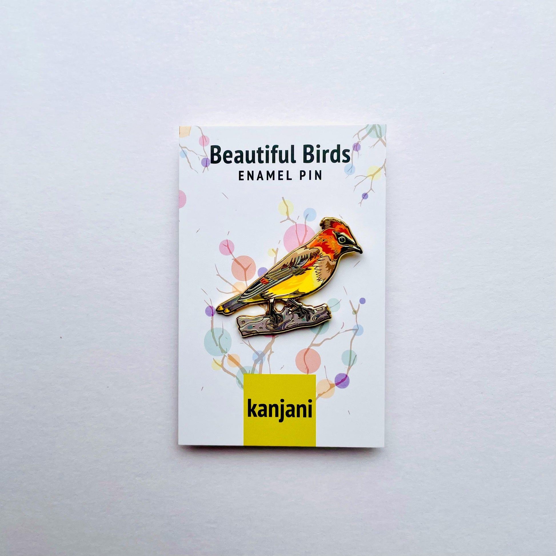 Cedar waxwing colourful gold hard enamel lapel pin badge.