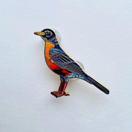 A colorful bird pin is shown against a plain white background.