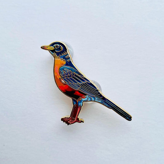A colorful bird pin is shown against a plain white background.