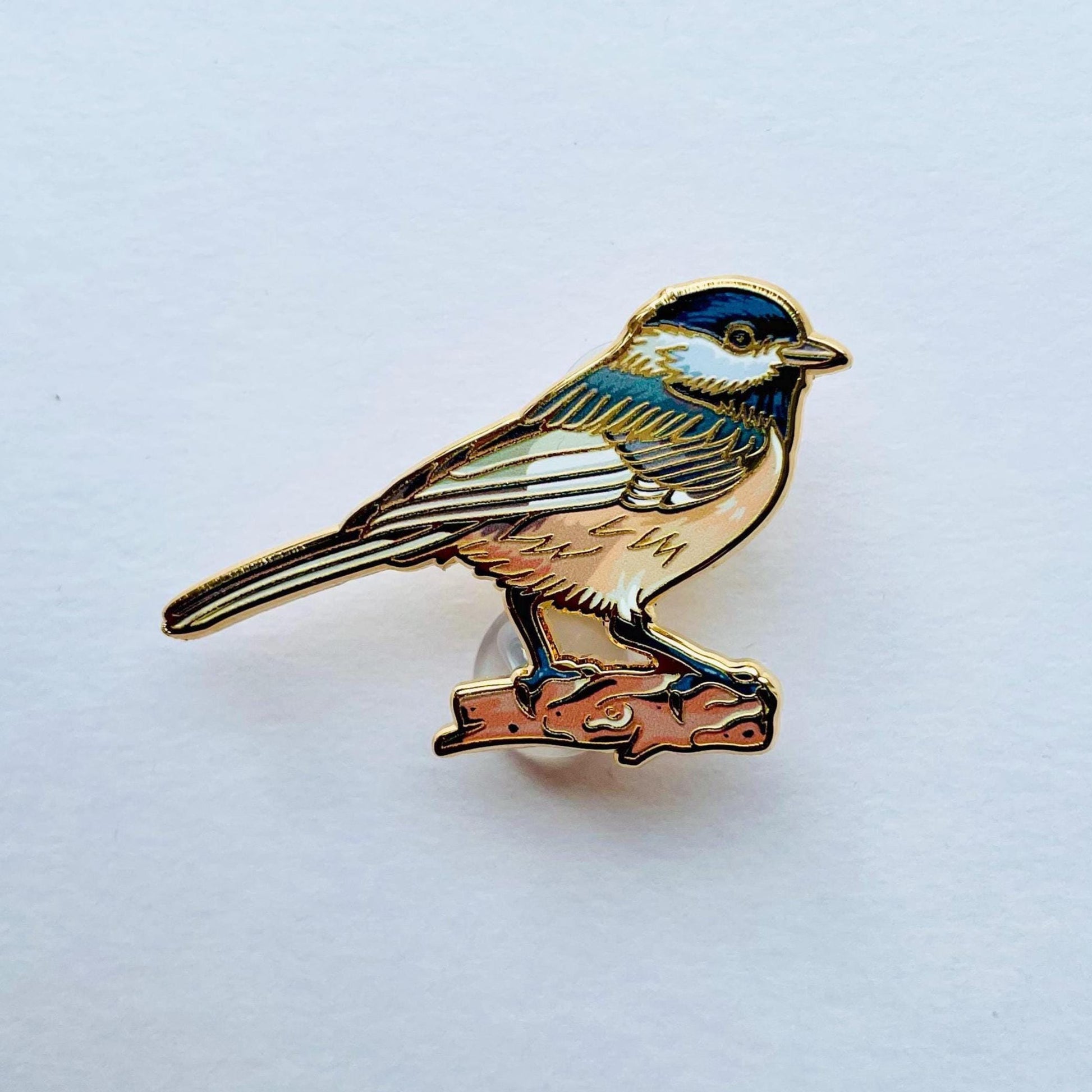 Chickadee colourful gold hard enamel lapel pin badge.