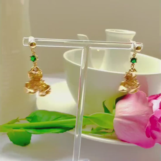 Flower green stud dangle-drop gold earrings, Gifts under 30, Mothers Day Gift, Nature floral Gift, Flower child