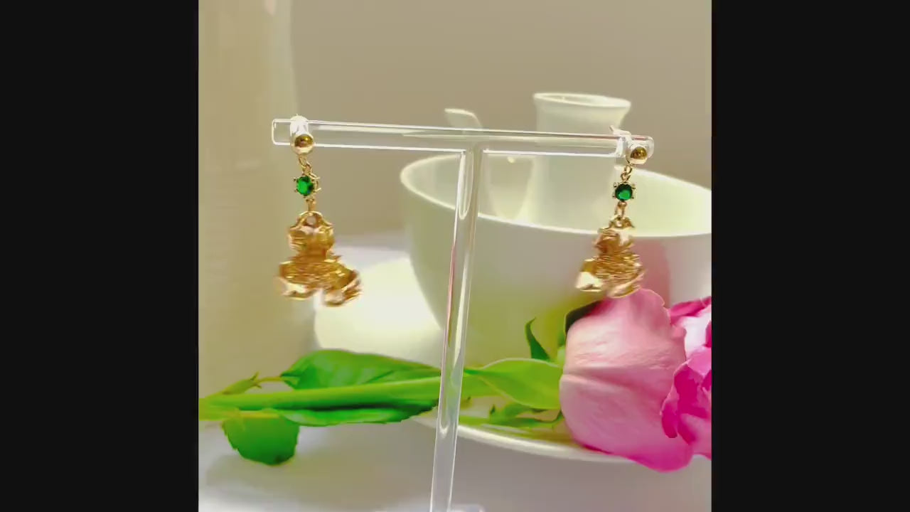 Flower green stud dangle-drop gold earrings, Gifts under 30, Mothers Day Gift, Nature floral Gift, Flower child