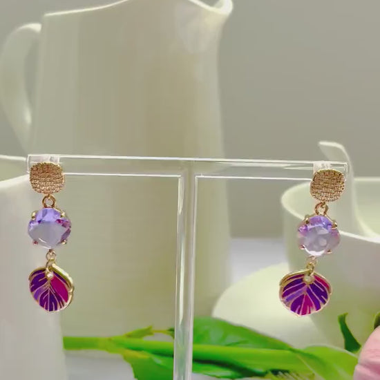 Purple dangle drop cubic zirconia gold feather earrings, Gifts under 30, Mothers Day Gift, Bird-themed jewelry, Nature Gift